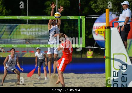 Asseco Resovia (Red) vs Grupa Azoty ZAKSA Kedzierzyn-Kozle (White) volleyball match, during the PreZero Grand Prix tournament in Krakow, at KS Wanda Krakow sports complex. The best volleyball players from PlusLiga, TAURON Liga, meet in Krakow this weekend during the first off three tournaments of the PreZero Grand Prix. On Saturday, July 25, 2020, in Krakow, Lesser Poland Voivodeship, Poland. (Photo by Artur Widak/NurPhoto) Stock Photo