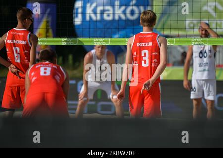 Asseco Resovia (Red) vs Grupa Azoty ZAKSA Kedzierzyn-Kozle (White) volleyball match, during the PreZero Grand Prix tournament in Krakow, at KS Wanda Krakow sports complex. The best volleyball players from PlusLiga, TAURON Liga, meet in Krakow this weekend during the first off three tournaments of the PreZero Grand Prix. On Saturday, July 25, 2020, in Krakow, Lesser Poland Voivodeship, Poland. (Photo by Artur Widak/NurPhoto) Stock Photo