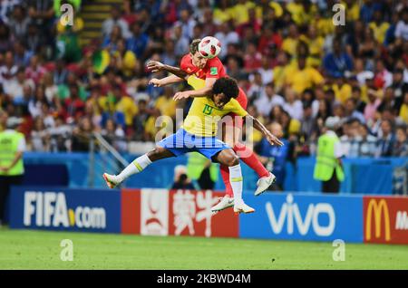 Jan Vertonghen and Willian during the FIFA World Cup match Brazil versus Belgium at Kazan Arena, Kazan, Russia on July 6, 2018. (Photo by Ulrik Pedersen/NurPhoto) Stock Photo