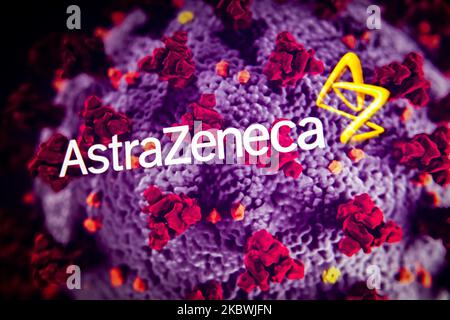 (EDITOR'S NOTE Image was created using multiple exposure in camera.) In this photo illustration the logo of AstraZeneca is seen on the image of Coronavirus. (Photo by Manuel Romano/NurPhoto) Stock Photo