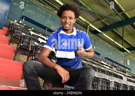 Sido Jombati signs for Oldham Athletic at Boundary Park, Oldham. On August 2, 2020 in Oldham, England. (Photo by Eddie GarveyMI News/NurPhoto) Stock Photo