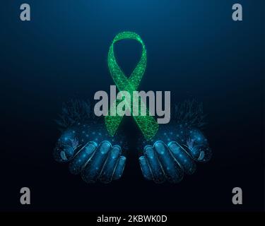 Two human hands are holds green ribbon awareness. Bipolar Disorder, Adrenal Cancer, Depression, Glaucoma, Mental Health awareness month concept. Abstr Stock Vector