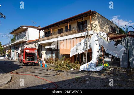 A small light aircraft of general aviation had an accident as it smashed onto a building in Proti Town in Serres region, after crashed hitting a tree, smashing the cockpit but the pilot survived with light injuries and was taken to hospital. The single-propeller airplane was an Italian made Tecnam P2008 model ( Tecnam P2008-JC Mk2 )with the registration SX-IRN belonging to SKIES AVIATION ACADEMY and the pilot was a student of the school flying his solo mission with low altitude flight. On August 3, 2020 in Proti Serron, Greece. (Photo by STR/NurPhoto) Stock Photo