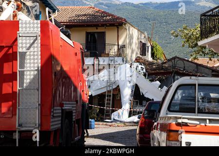 A small light aircraft of general aviation had an accident as it smashed onto a building in Proti Town in Serres region, after crashed hitting a tree, smashing the cockpit but the pilot survived with light injuries and was taken to hospital. The single-propeller airplane was an Italian made Tecnam P2008 model ( Tecnam P2008-JC Mk2 )with the registration SX-IRN belonging to SKIES AVIATION ACADEMY and the pilot was a student of the school flying his solo mission with low altitude flight. On August 3, 2020 in Proti Serron, Greece. (Photo by STR/NurPhoto) Stock Photo