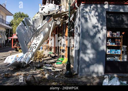 A small light aircraft of general aviation had an accident as it smashed onto a building in Proti Town in Serres region, after crashed hitting a tree, smashing the cockpit but the pilot survived with light injuries and was taken to hospital. The single-propeller airplane was an Italian made Tecnam P2008 model ( Tecnam P2008-JC Mk2 )with the registration SX-IRN belonging to SKIES AVIATION ACADEMY and the pilot was a student of the school flying his solo mission with low altitude flight. On August 3, 2020 in Proti Serron, Greece. (Photo by STR/NurPhoto) Stock Photo