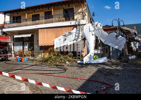 A small light aircraft of general aviation had an accident as it smashed onto a building in Proti Town in Serres region, after crashed hitting a tree, smashing the cockpit but the pilot survived with light injuries and was taken to hospital. The single-propeller airplane was an Italian made Tecnam P2008 model ( Tecnam P2008-JC Mk2 )with the registration SX-IRN belonging to SKIES AVIATION ACADEMY and the pilot was a student of the school flying his solo mission with low altitude flight. On August 3, 2020 in Proti Serron, Greece. (Photo by STR/NurPhoto) Stock Photo