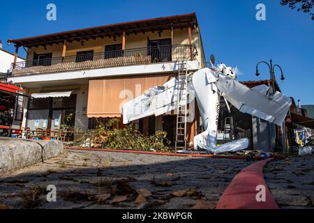 A small light aircraft of general aviation had an accident as it smashed onto a building in Proti Town in Serres region, after crashed hitting a tree, smashing the cockpit but the pilot survived with light injuries and was taken to hospital. The single-propeller airplane was an Italian made Tecnam P2008 model ( Tecnam P2008-JC Mk2 )with the registration SX-IRN belonging to SKIES AVIATION ACADEMY and the pilot was a student of the school flying his solo mission with low altitude flight. On August 3, 2020 in Proti Serron, Greece. (Photo by STR/NurPhoto) Stock Photo