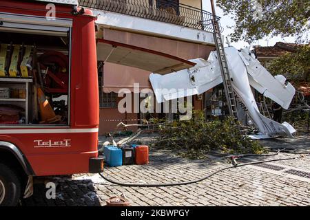 A small light aircraft of general aviation had an accident as it smashed onto a building in Proti Town in Serres region, after crashed hitting a tree, smashing the cockpit but the pilot survived with light injuries and was taken to hospital. The single-propeller airplane was an Italian made Tecnam P2008 model ( Tecnam P2008-JC Mk2 )with the registration SX-IRN belonging to SKIES AVIATION ACADEMY and the pilot was a student of the school flying his solo mission with low altitude flight. On August 3, 2020 in Proti Serron, Greece. (Photo by STR/NurPhoto) Stock Photo