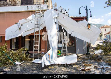 A small light aircraft of general aviation had an accident as it smashed onto a building in Proti Town in Serres region, after crashed hitting a tree, smashing the cockpit but the pilot survived with light injuries and was taken to hospital. The single-propeller airplane was an Italian made Tecnam P2008 model ( Tecnam P2008-JC Mk2 )with the registration SX-IRN belonging to SKIES AVIATION ACADEMY and the pilot was a student of the school flying his solo mission with low altitude flight. On August 3, 2020 in Proti Serron, Greece. (Photo by STR/NurPhoto) Stock Photo