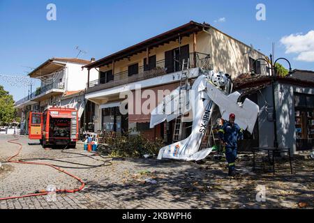 A small light aircraft of general aviation had an accident as it smashed onto a building in Proti Town in Serres region, after crashed hitting a tree, smashing the cockpit but the pilot survived with light injuries and was taken to hospital. The single-propeller airplane was an Italian made Tecnam P2008 model ( Tecnam P2008-JC Mk2 )with the registration SX-IRN belonging to SKIES AVIATION ACADEMY and the pilot was a student of the school flying his solo mission with low altitude flight. On August 3, 2020 in Proti Serron, Greece. (Photo by STR/NurPhoto) Stock Photo