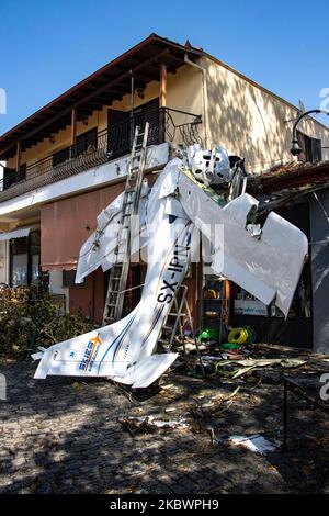 A small light aircraft of general aviation had an accident as it smashed onto a building in Proti Town in Serres region, after crashed hitting a tree, smashing the cockpit but the pilot survived with light injuries and was taken to hospital. The single-propeller airplane was an Italian made Tecnam P2008 model ( Tecnam P2008-JC Mk2 )with the registration SX-IRN belonging to SKIES AVIATION ACADEMY and the pilot was a student of the school flying his solo mission with low altitude flight. On August 3, 2020 in Proti Serron, Greece. (Photo by STR/NurPhoto) Stock Photo