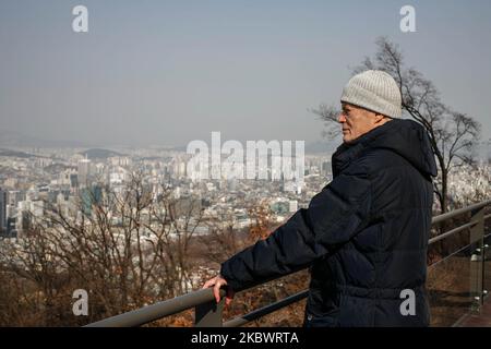 March 11, 2018-Seoul, South Korea-French Auther and Professor Jean-Marie Le Clezio and his travel team visit Namsan Mountain Park and Tower in Seoul, South Korea. (Photo by Seung-il Ryu/NurPhoto) Stock Photo