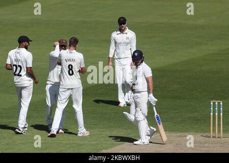 Tom Bailey of Lancashire celebrates the wicket of Durham's Sean Dickson during the The Bob Willis Trophy match between Durham County Cricket Club and Lancashire at Emirates Riverside, Chester le Street on Saturday 8th August 2020. (Photo by Mark Fletcher/MI News/NurPhoto) Stock Photo