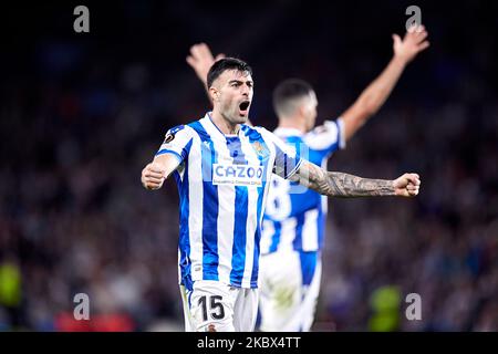 SAN SEBASTIAN, SPAIN - NOVEMBER 03: Diego Rico of Real Sociedad reacts during the UEFA Europa League group E match between Real Sociedad and Manchester United on November 3, 2022 at Reale Arena in San Sebastian, Spain. Credit: Ricardo Larreina/AFLO/Alamy Live News Stock Photo
