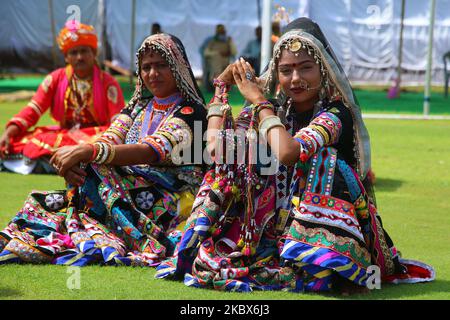 Rajasthani folk artists perform during the 74th Independence Day celebrations, at Sawai Mansingh Stadium in Jaipur, India, on August 15, 2020. (Photo by Vishal Bhatnagar/NurPhoto) Stock Photo