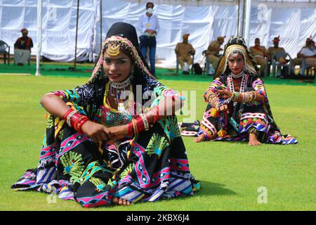 Rajasthani folk artists perform during the 74th Independence Day celebrations, at Sawai Mansingh Stadium in Jaipur, India, on August 15, 2020. (Photo by Vishal Bhatnagar/NurPhoto) Stock Photo