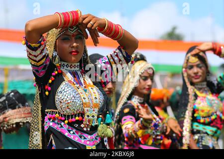 Rajasthani folk artists perform during the 74th Independence Day celebrations, at Sawai Mansingh Stadium in Jaipur, India, on August 15, 2020. (Photo by Vishal Bhatnagar/NurPhoto) Stock Photo