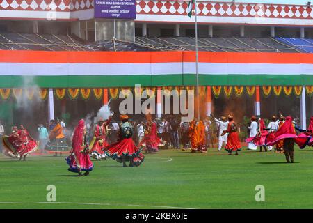 Rajasthani folk artists during the 74th Independence Day celebrations, at Sawai Mansingh Stadium in Jaipur, India, on August 15, 2020. (Photo by Vishal Bhatnagar/NurPhoto) Stock Photo