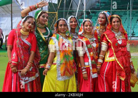 Rajasthani folk artists during the 74th Independence Day celebrations, at Sawai Mansingh Stadium in Jaipur, India, on August 15, 2020. (Photo by Vishal Bhatnagar/NurPhoto) Stock Photo