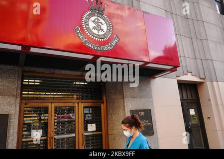 A logo of Salvation Army is seen in their NYC headquarters as New York City continues Phase 4 of re-opening following restrictions imposed to slow the spread of coronavirus on August 18, 2020 in New York City. The fourth phase allows outdoor arts and entertainment, sporting events without fans and media production. (Photo by John Nacion/NurPhoto) Stock Photo