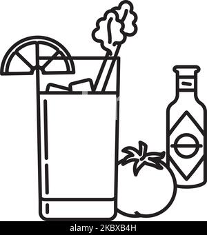 Bloody Mary cocktail with lemon piece and celery stalk, tomato and bottle of hot sauce vector line icon Stock Vector