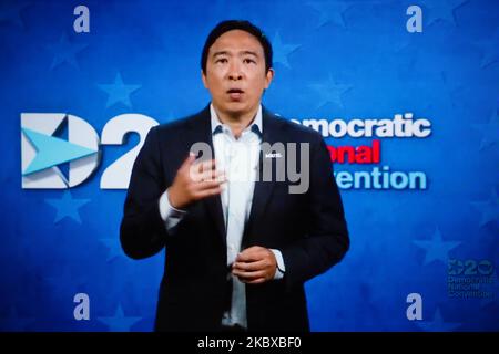 Former presidential hopeful Andrew Yang addresses the virtual 2020 Democratic National Convention, livestreamed online and viewed by laptop from the United Kingdom in the early hours of August 21, 2020, in London, United Kingdom. The four-day convention has been almost wholly virtual in response to the coronavirus pandemic, mixing live speakers broadcasting from locations across the US with prerecorded messages, musical performances and video segments. The Republican Party holds its convention, expected to be a similar format, next week, with the US presidential election coming on November 3.  Stock Photo