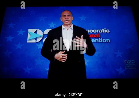 Senator Cory Booker addresses the virtual 2020 Democratic National Convention, livestreamed online and viewed by laptop from the United Kingdom in the early hours of August 21, 2020, in London, United Kingdom. The four-day convention has been almost wholly virtual in response to the coronavirus pandemic, mixing live speakers broadcasting from locations across the US with prerecorded messages, musical performances and video segments. The Republican Party holds its convention, expected to be a similar format, next week, with the US presidential election coming on November 3. (Photo by David Clif Stock Photo