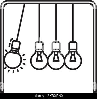Newton's cradle with an LED bulb swinging against classic light bulbs vector line icon . Energy saving concept. Stock Vector