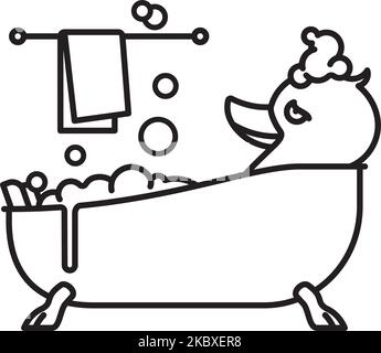 Rubber duck relaxing in a bathtub cartoon vector line iconstyle illustration Stock Vector