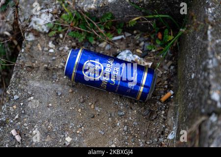 Belgrade, Serbia - November 02, 2022: Löwenbräu beer can discarded in the middle of a street in Belgrade. Stop pollution, start Recycling and save our Stock Photo