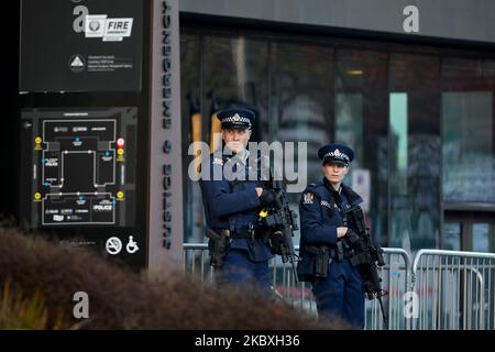 Armed police officers stand guard outside Christchurch High CourtÂ prior to the second day of the four-day sentencing hearing of Brenton Harrison Tarrant in Christchurch, New Zealand, on August 25, 2020. Australian white supremacist Tarrant, 29, who carried out the attack on two mosques on 15 March 2019, will be sentenced on 51 counts of murder, 40 of attempted murder and one charge under the Terrorism Suppression Act. (Photo by Sanka Vidanagama/NurPhoto) Stock Photo