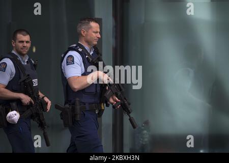Armed police officers patrol outside the Christchurch High CourtÂ prior to the second day of the four-day sentencing hearing of Brenton Harrison Tarrant in Christchurch, New Zealand, on August 25, 2020. Australian white supremacist Tarrant, 29, who carried out the attack on two mosques on 15 March 2019, will be sentenced on 51 counts of murder, 40 of attempted murder and one charge under the Terrorism Suppression Act. (Photo by Sanka Vidanagama/NurPhoto) Stock Photo