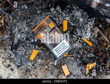 Belgrade, Serbia - November 02, 2022: Pall Mall cigarette pack and filters in a pile of ash and dirt outdoors. Save your health and stop smoking conce Stock Photo