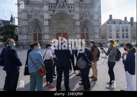 Tuesday August 26, 2020, the new Prefect of Loire-Atlantique Didier Martin went to the forecourt of the cathedral of Nantes (France) to observe the damage that occurred to the building on July 18, 2020 and to take stock of the work of rehabilitation. (Photo by Estelle Ruiz/NurPhoto) Stock Photo