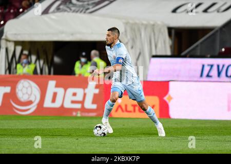 BUDAPEST, HUNGARY - AUGUST 13: (l-r) Tokmac Chol Nguen of Ferencvarosi TC  wins the ball from Arijan Ademi of GNK Dinamo Zagreb during the UEFA  Champions League Third Qualifying Round match between