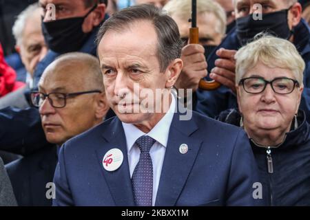 Marshal of the Senate Tomasz Grodzki (R) is seen in Gdansk, Poland, on August 31, 2020 , Lech Walesa and other oppositional parties leaders and members celebrate anniversary of August Agreements in Gdansk on the Solidarity Square in Gdansk (Photo by Michal Fludra/NurPhoto) Stock Photo