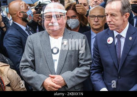 Former President of Poland and Nobelist Lech Walesa Marshal of the Senate Tomasz Grodzki (R) are seen in Gdansk, Poland, on August 31, 2020 , Lech Walesa and other oppositional parties leaders and members celebrate anniversary of August Agreements in Gdansk on the Solidarity Square in Gdansk (Photo by Michal Fludra/NurPhoto) Stock Photo