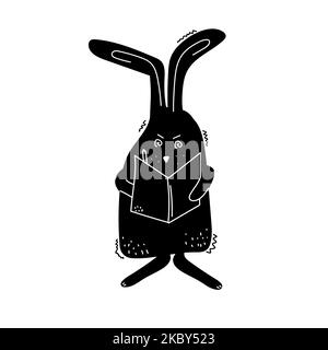 Angry rabbit writes in a notebook. Black hare - sketch. Symbol of 2023 new year. Drawn by hand. Grim character Stock Vector