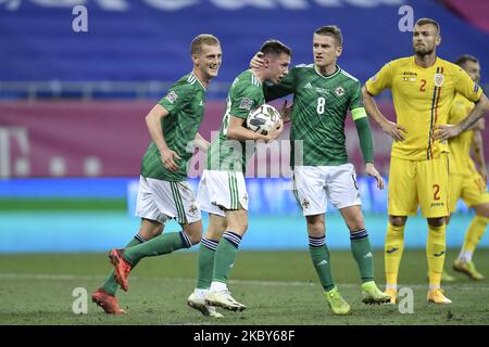 Gavine Whyte, Steven Davis and George Saville of Northern Ireland celebrates during the game UEFA Nations League 2021 match between Romania and Northern Ireland at Arena Nationala, in Bucharest, Romania, on 4 September 2020. (Photo by Alex Nicodim/NurPhoto) Stock Photo