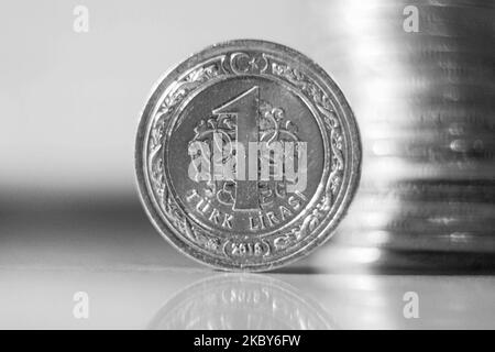 Black and White photo close up of Turkish 1 lira coins, the local currency of Turkey, Türk Liras? in Turkish, sign ? , code TRY, usually abbreviated as TL are seen in this arranged photograph in Thessaloniki, Greece on September 4, 2020. (Photo by Nicolas Economou/NurPhoto) Stock Photo