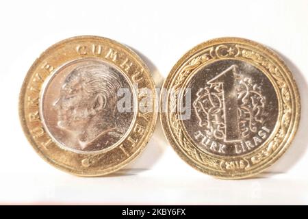 Close up of Turkish 1 lira coins, the local currency of Turkey, Türk Liras? in Turkish, sign ? , code TRY, usually abbreviated as TL are seen in this arranged photograph in Thessaloniki, Greece on September 4, 2020. (Photo by Nicolas Economou/NurPhoto) Stock Photo