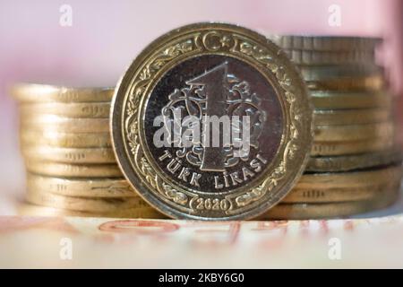 Close up of Turkish 1 lira coins, the local currency of Turkey, Türk Liras? in Turkish, sign ? , code TRY, usually abbreviated as TL are seen in this arranged photograph in Thessaloniki, Greece on September 4, 2020. (Photo by Nicolas Economou/NurPhoto) Stock Photo