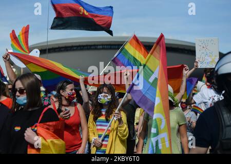 Pro-LGBT activists and their supporters during the annual Katowice Equality March 2020. On September 5, 2020, in Katowice, Silesian Voivodeship, Poland. (Photo by Artur Widak/NurPhoto) Stock Photo