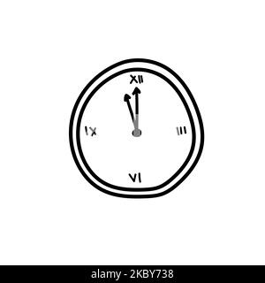 Hand drawn clock icon. A few minutes before midnight. Christmas element on white Stock Vector