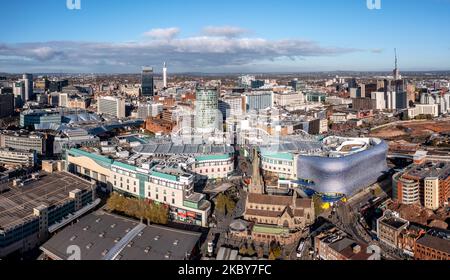 BIRMINGHAM, UK - NOVEMBER 4, 2022.  An aerial view of a Birmingham cityscape skyline with the Bullring Rotunda building and Selfridges store building Stock Photo