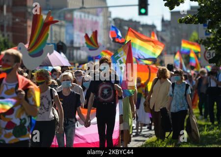 Pro-LGBT activists and their supporters during the annual Katowice Equality March 2020. On September 5, 2020, in Katowice, Silesian Voivodeship, Poland. (Photo by Artur Widak/NurPhoto) Stock Photo