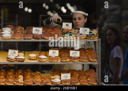 A stand with Polish donuts for sale. On September 11, 2020, in Krakow, Poland. (Photo by Artur Widak/NurPhoto) Stock Photo
