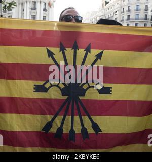 Far-right protesters have demonstrated against the celebration of the Diada, at the gates of the Blanquerna Cultural Center, where the Delegation of the Generalitat of Catalonia is based in Madrid, Spain, on September 11, 2020. (Photo by Oscar Gonzalez/NurPhoto) Stock Photo