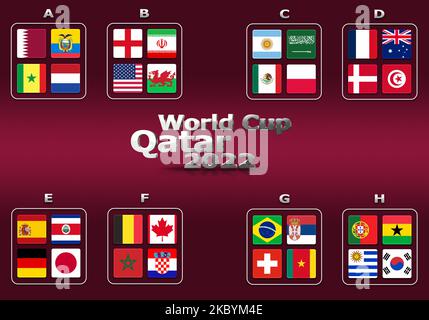 3d illustration groups of World Cup Qatar 2022 championship. All 32 qualifying countries. On the background of the flag of Qatar. Stock Photo