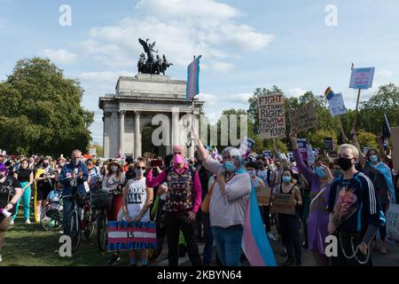 Transgender people and their supporters gather at Wellington Arch to take part in London's second Trans Pride protest march for equality on 12 September, 2020 in London, England. Protesters demand legal recognition for non-binary people, an end to non-consensual surgeries on intersex people, and a progressive reform of the UK’s Gender Recognition Act – the law that governs the way adult trans men and women gain legal recognition of their gender. (Photo by WIktor Szymanowicz/NurPhoto) Stock Photo